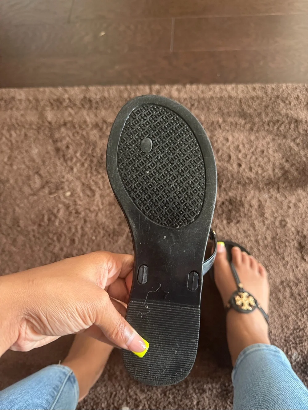 Tory Burch Black Leather Logo Thong Sandals with Gold Emblem
